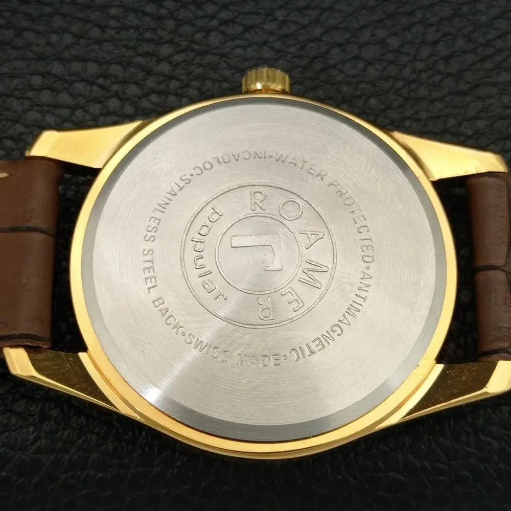 Vintage 1977 Roamer Manual Mens Gold Watch W/Leather Strap & Red accents